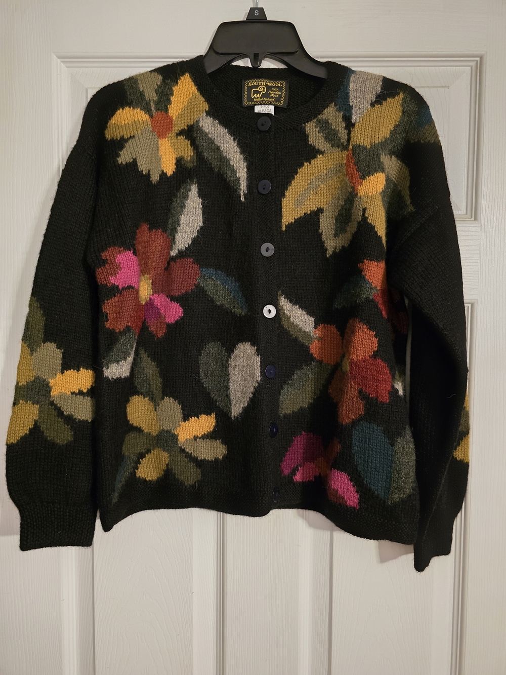 Alpaca Wool Black Floral Button-Front Cardigan